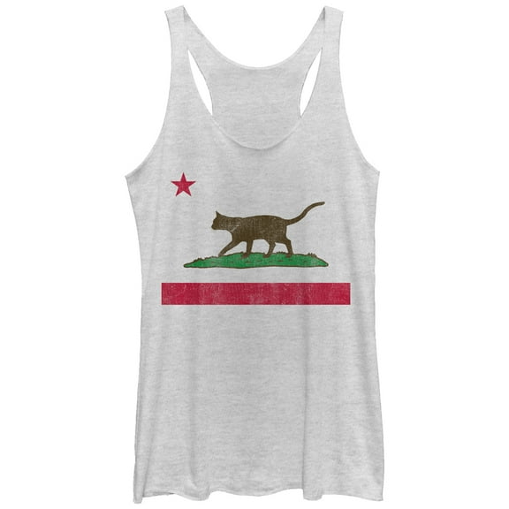 Women's Lost Gods Cat California Flag  Racerback Tank Top White Heather Large