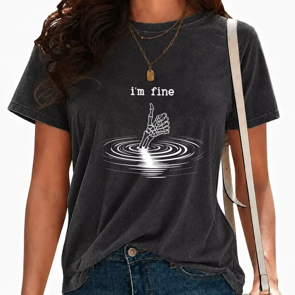 UNISHE Women's Skeleton Thumbs Up Print T-Shirts I'm Fine Graphic Tees Washed Vintage Casual Streetwear Tops Black, M