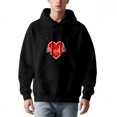 thumbnail image 1 of Men's Black Hoodie with Front Pocket Red Heart Design Featuring White Geometric Building Relaxed Fit with Drawstrings, 1 of 7