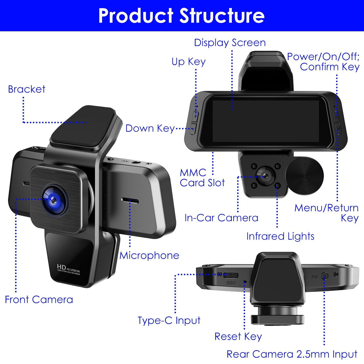 1080P FUD 3 Channel WiFi Dash Cam 170° Wide Angle Triple Car Camera With IR Night G-Sensor Motion Detection Loop Recording App Control Support 128G Max