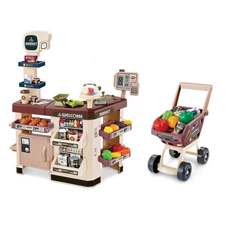 Supermarket Play Set Toys with Shopping Cart  Coffee Shop  63 accessories for Kids Toddler Preschoolers 3-7 Year Olds by VALESSATI.