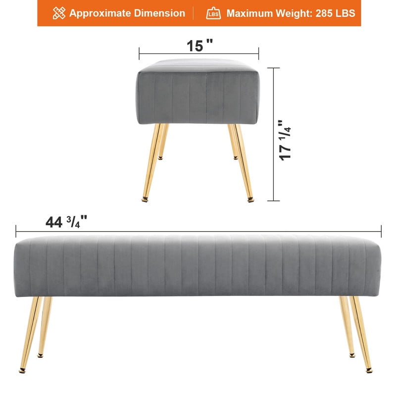 Modern Upholstered Bedroom Bench, End of Bed Bench with Gold Metal Legs, Fabric Entryway Bench Ottoman, Padded Accent Bench for Bedroom, Living Room, Hallway, Grey