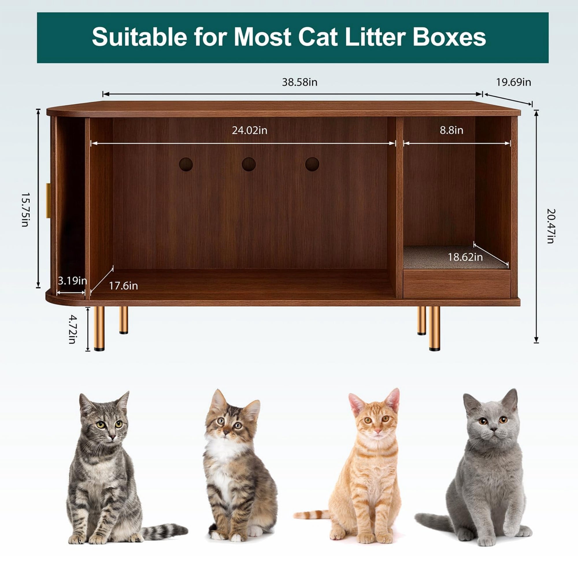 Cat Litter Box Enclosure Furniture with Sliding Door, Hidden Cat House Cabinet with Scratch Pad, Modern TV Stand Side Table, Walnut