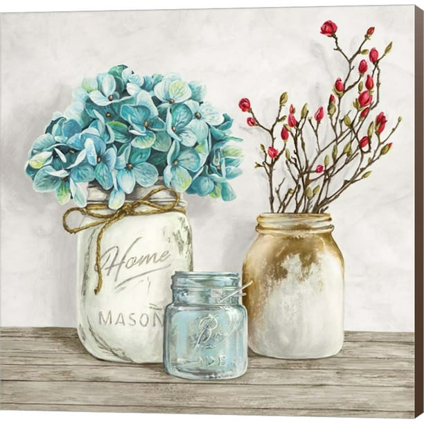 Floral Composition with Mason Jars I by Jenny Thomlinson, Canvas Wall
