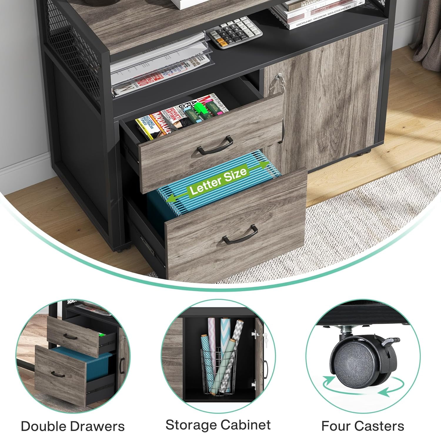 Tribesigns 63" L Shaped Executive Desk with Lateral File Cabinet, Doors with Locks, Desk with Shelf (Gray and Black)
