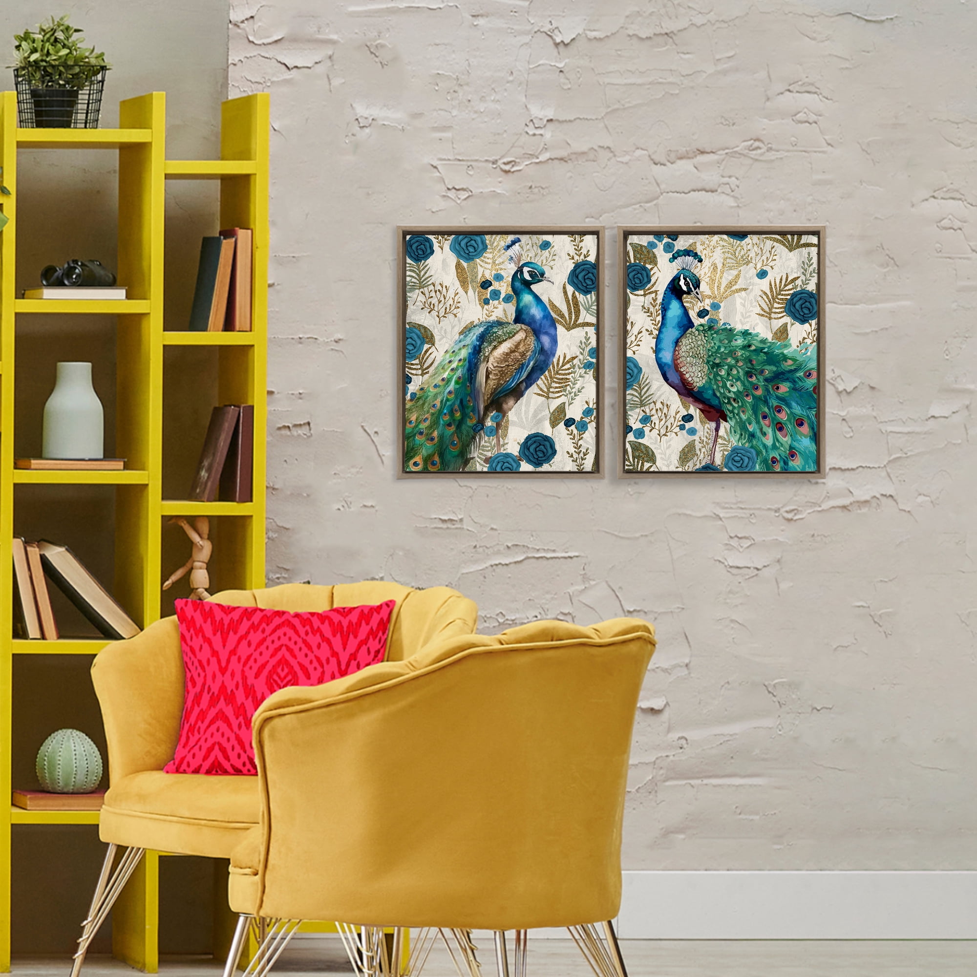 Stupell Industries Floral Peacock Pride 2 Piece Brown Framed Floater Canvas Set, design by Kim Allen