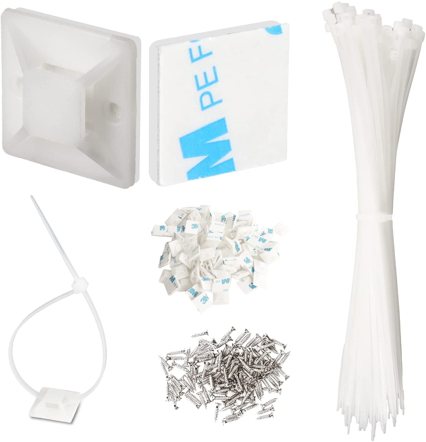 Cable Zip Tie Mounts 100 Pcs with 8'' Zip Ties and Screws,Self Adhesive