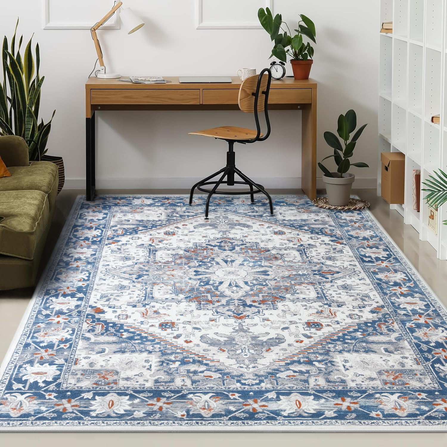 Homore Vintage Boho Oriental Medallion Area Rug, 6' x 9', Off-White