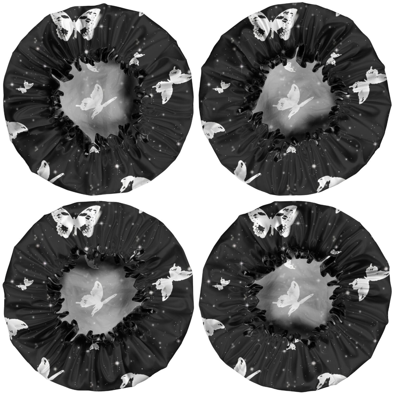 Shower Caps,Black White Butterfly Star Pattern Waterproof Shower Cap for Women 4 Pieces,Double Reusable Hair Cover for Shower PEVA Elastic Stretch Hem