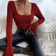 thumbnail image 3 of Mujeres Top manga larga contraste puntada Slim equipada tie back color puro acanalado knit pullover camiseta vino rojo M, 3 of 8