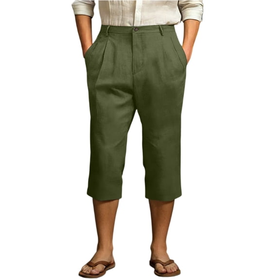 longantii Men's Linen Cotton Capri Pants Casual Lightweight Loose Fit Elastic Waist Wide Leg Baggy Summer Beach Trousers Army Green S