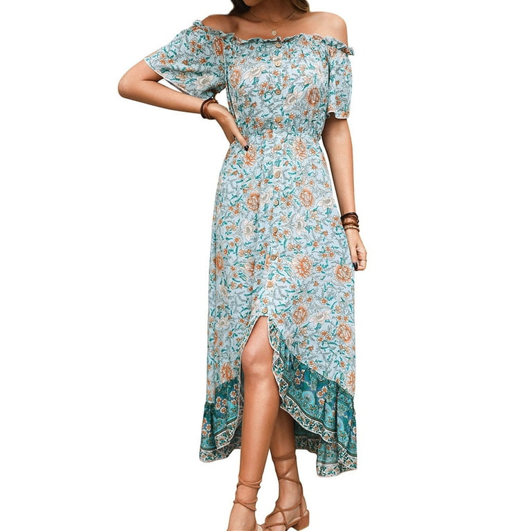 ZXZY Women Boho Floral Print Frill Elastic Off Shoulder Split Hem Maxi Dress