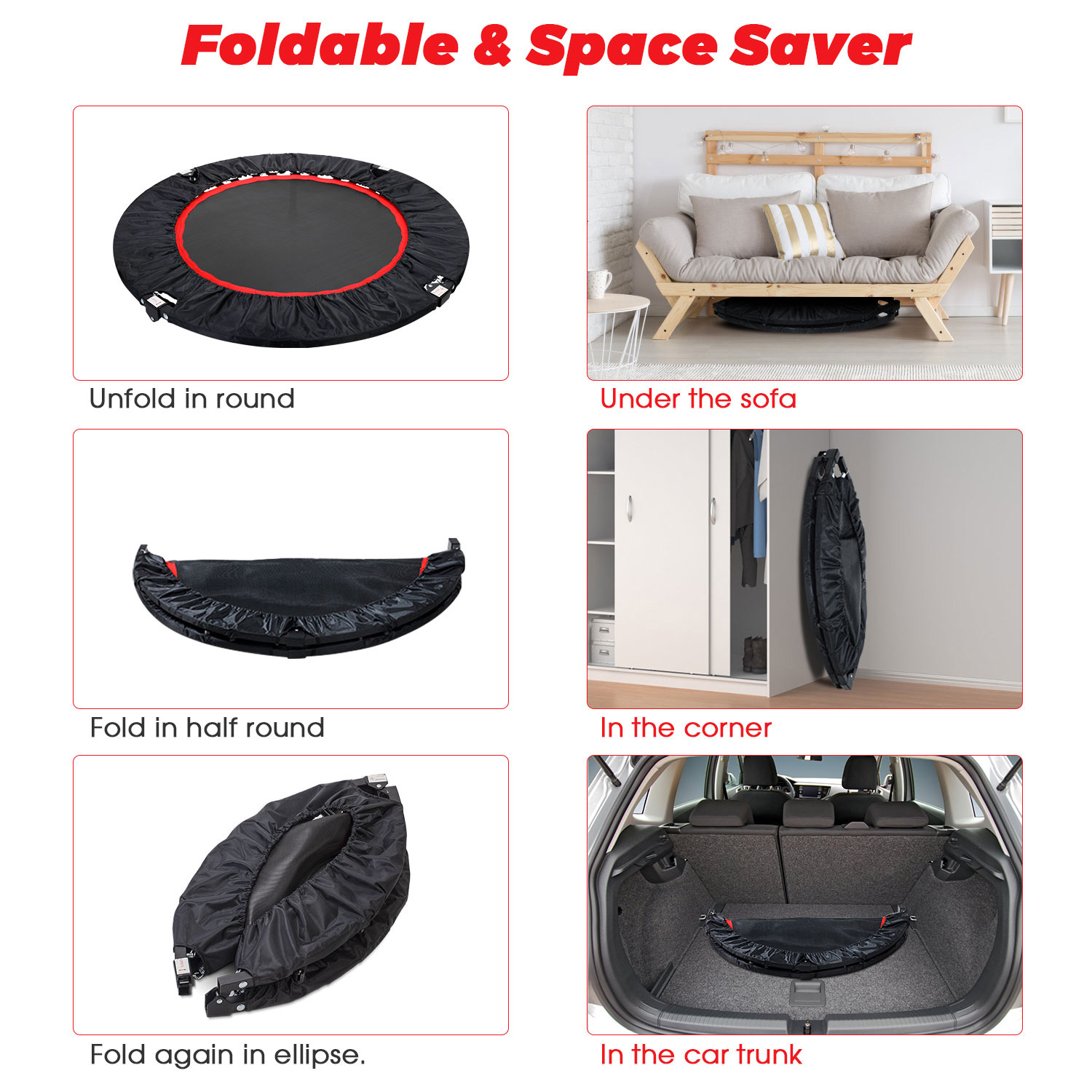 40" Foldable Mini Exercise Trampoline, Indoor Fitness Rebounder Trampoline with Safety Pad, Stable & Quiet Exercise Rebounder for Kids Adults, Max 300lbs