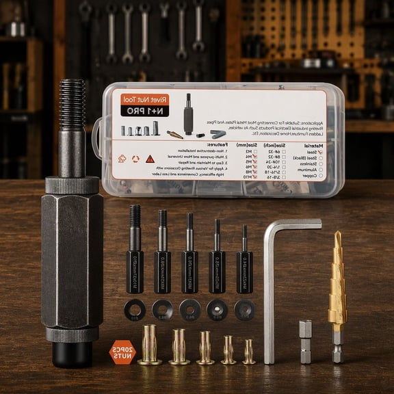 1 Set Multi-Grip Rivet Nut Installation Tool Kit with Metric Plus Nuts, Step Drill, Hex Bit, Hex Wrench, Riveter Assembly for Metal Plate and Pipe Work
