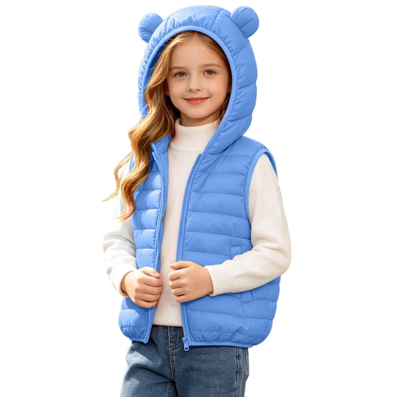 OGLCCG Girls Hooded Puffer Vest Kids Lightweight Sleeveless Bear Ears Zipper Up Jacket with Pockets Down Vest Winter Coat Vests(Blue,8-9 Years)