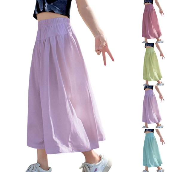 Tranfacy Girls 7-15 Years Fall Pants Solid Ice Silk Wide Leg Casual Straight Leg 9 Minute Pants Trousers