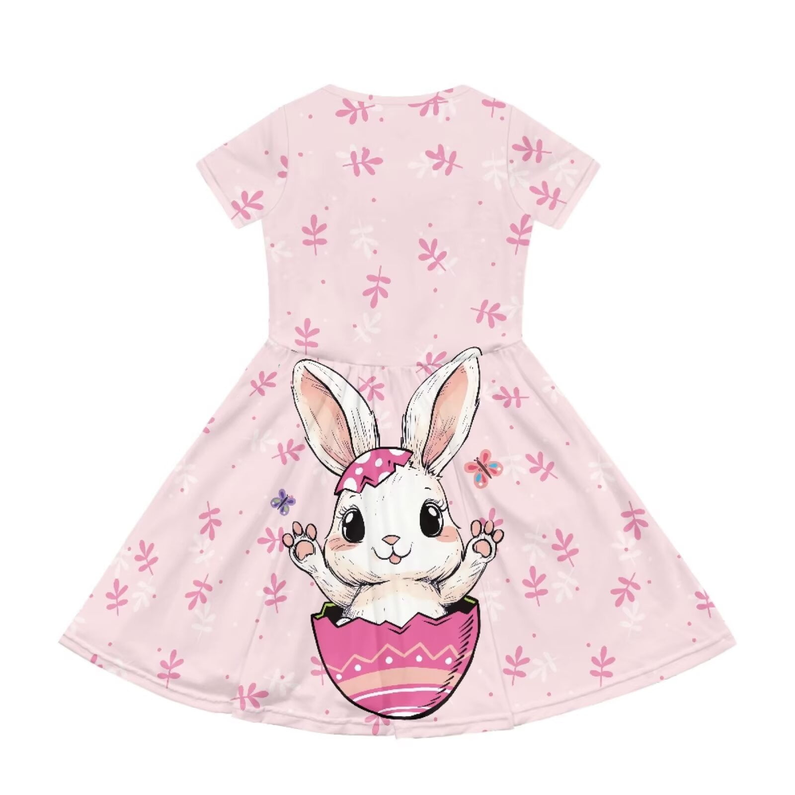 Uourmeti Teen Girls Short Sleeve Dress for Easter Cute Bunny Print Crew Neck Knee A-Line Dresses Lightweight Casual Swing Dress with Pockets