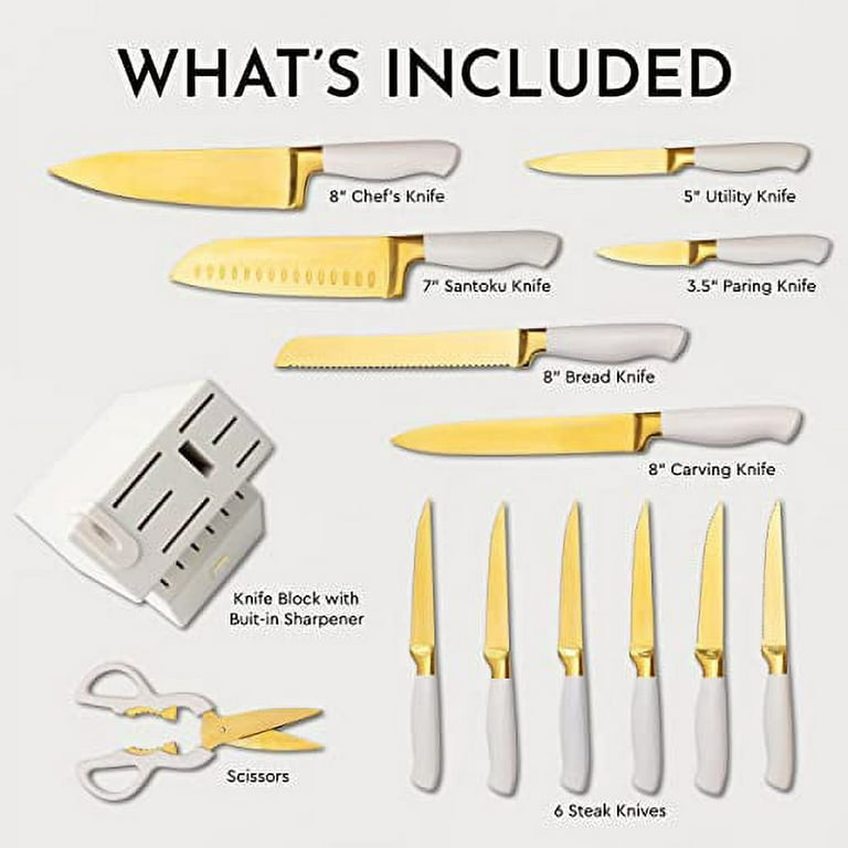 White and Gold Knife Set with Block Self Sharpening - 14 PC Titanium Coated  Gold and White Kitchen Knife Set and White Knife Block with Sharpener