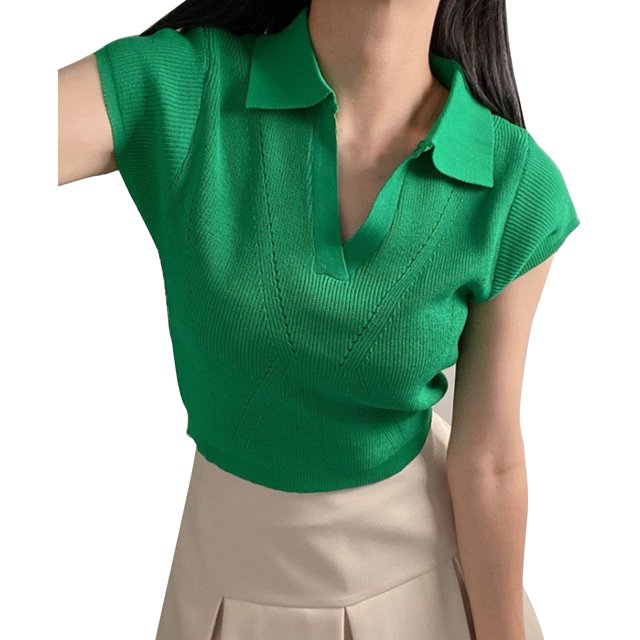 Camisas de punto de manga corta para mujer, cuello vuelto, Color puro, blusa adelgazante para mujer, Top para viajes de la vida diaria