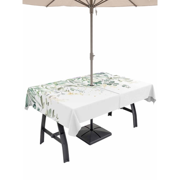 Outdoor Tablecloths with Umbrella Hole & Zipper, Eucalyptus Leaves 60 x102 Inch Rectangle Tablecloths, Sage Green Weeping Summer Botanical Waterproof Table Cloth, Patio/Pool/Picnic Table Covers