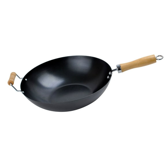 Alpine Cuisine AI-V34 13.5 Inch Carbon Steel Cooking Wok with Wood Handle, Black