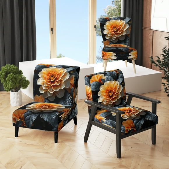 Designart "Coral Flower landscape Golden Marigolds" Coral Floral & Botanical Upholstered Accent Chair - Traditional Arm Chair For Living Room