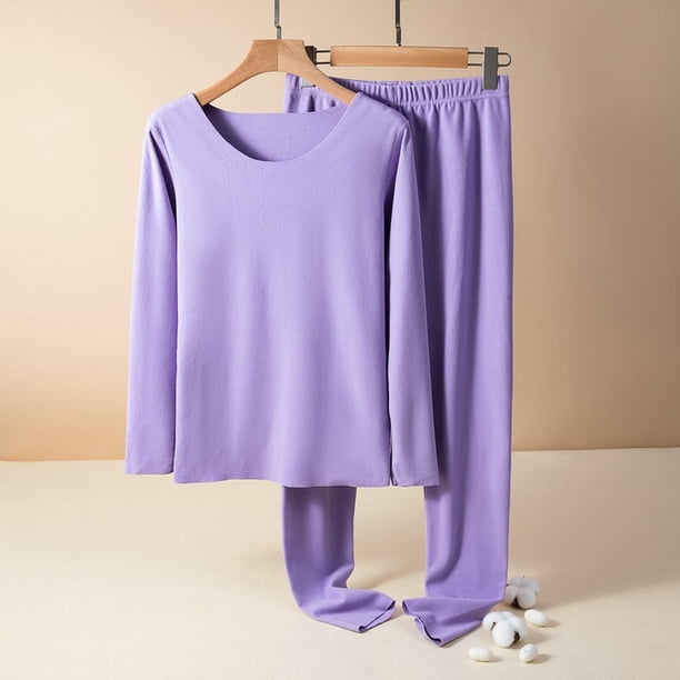 Puntoco Ropa de dormir para mujer, moda femenina, color sólido, cuello redondo, ropa de dormir informal cálida para el hogar, conjunto de pijama
