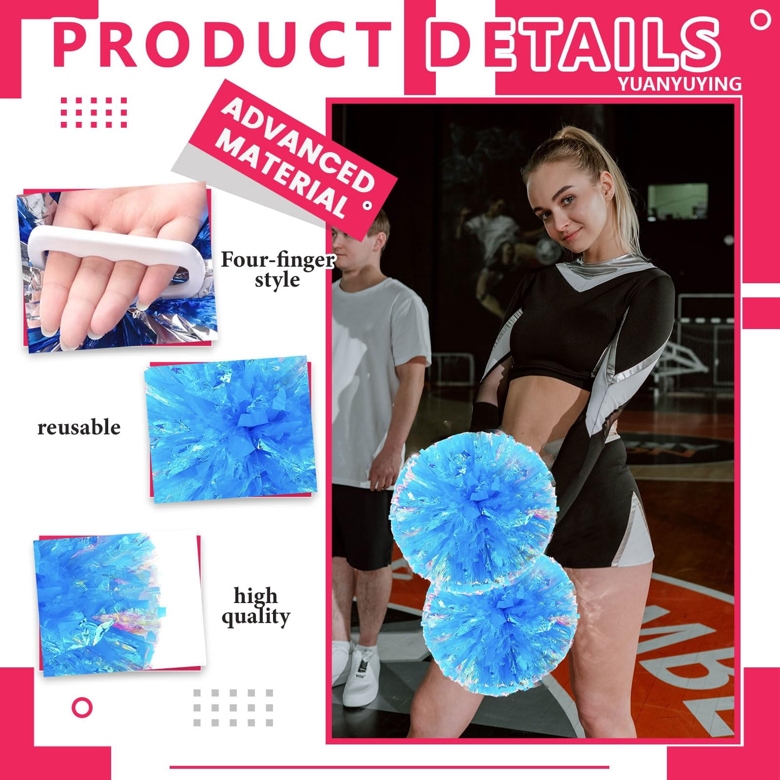 Cheerleading Pom Poms 8 Pcs, with Four Finger Handle Cheerleading Handheld Squad Pompoms for Sports Team Cheer Spirit Games Dance Party Adults
