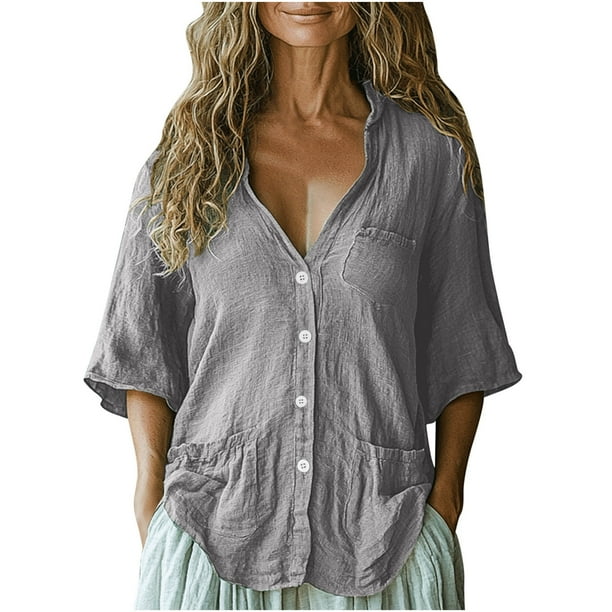 Vestidos Casuales Para Mujer, Blusas De Mujer De Moda Blusa tipo túnica de verano para mujer, con cuello en V, mangas 3/4, botones sueltos, de imitación de lino y bolsillos