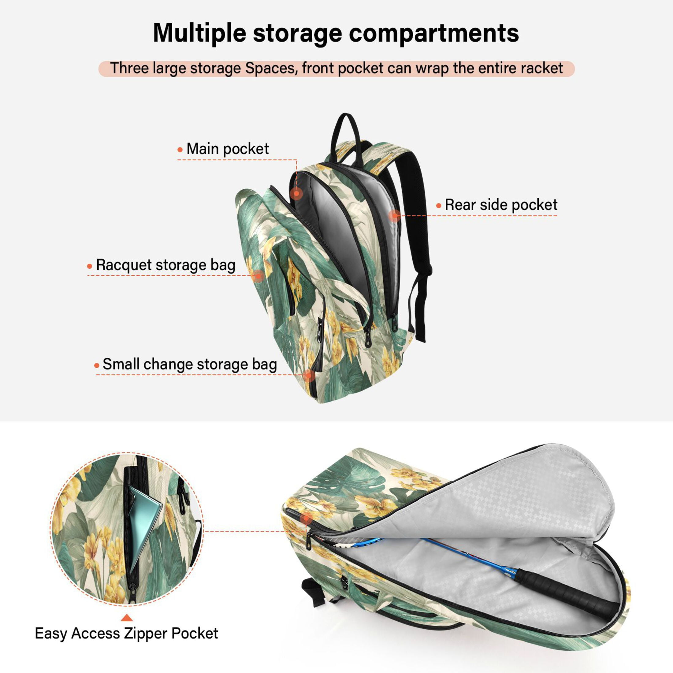 2 Racquet Holder Tennis Backpack Tennis Racket Covers Gym Bags Tropical Plants and Flowers