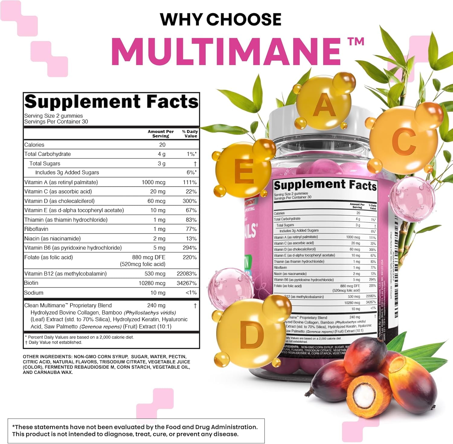 Clean Nutraceuticals Biotin Collagen Keratin Gummies | Hair Skin and Nails Vitamins for Women | Hyaluronic Acid Bamboo Vitamin A C D3 E Folate with Saw Palmetto Silica B3 B12 Vegan Gummy