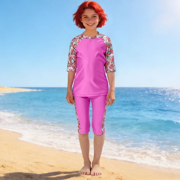 Cowsor 0-13 Years Girls Hawaiian Floral Print Three Piece Swimsuit Set Top Capri Pants Swim Cap UV Protection Modest Swimwear for Summer Beach Vacation