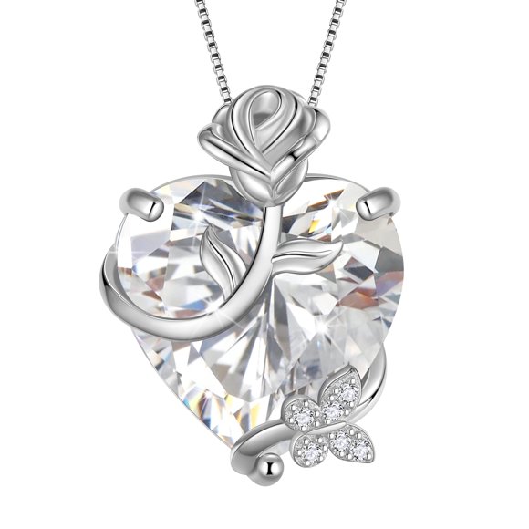 Juwaliy 15MM Mujer Rose Collar de Corazón Piedra de Nacimiento de Abril 925 Plata de Ley Flor Mariposa Dije Diamante CZ Joyería Nupcial Madre Regalo Del Día de San Valentín