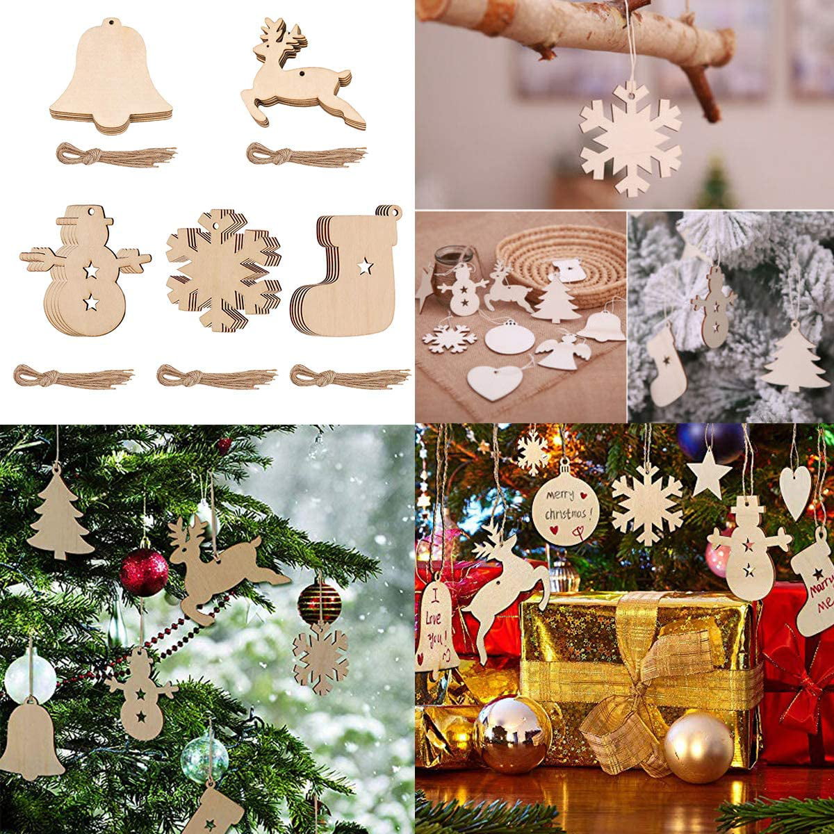 Elk Comes with Natural Twine for Christmas Tree Decoration DIY Crafts Snowman Small Bell Wooden Christmas Ornaments Christmas Stockings 50Pcs Unfinished Wooden Ornaments Snowflakes