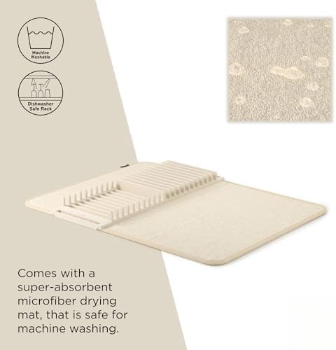 330720-354 UDRY Rack and Microfiber Dish Drying Mat-Space-Saving Lightweight Design Folds Up for Easy Storage, Standard, Linen