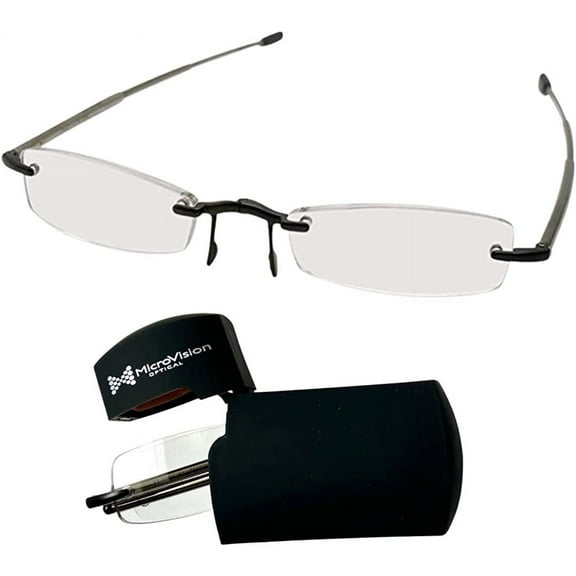 MicroVision Optical Executive Rimless Folding Reading Glasses With Compact Case For Women and Men, Slim, Lightweight Portable
