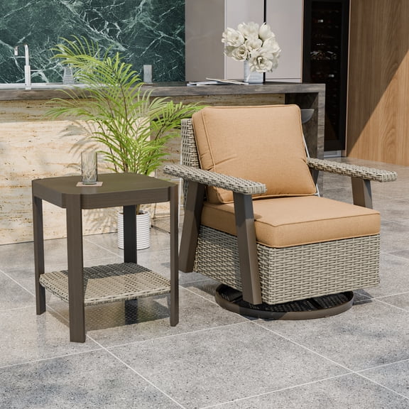 COOS BAY Rustic Hideaway Outdoor Swivel Rocker Patio Chair and Table Set, 2-Piece Wicker Bistro Set with Cushions, Beige/Tan