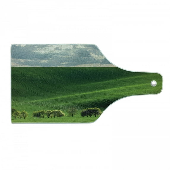 Landscape Cutting Board, Hills in the Rays of Evening Sun Agricultural Landscape Cloudy Sky Rainy Day Nature, Tempered Glass Cutting and Serving Board, Wine Bottle Shape, Green, by Ambesonne