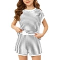 thumbnail image 2 of Girls 2 Piece Lounge Set Kids Striped Knit Short Sleeve T-Shirts Elastic Waist Shorts Casual Summer Clothing Sets ﻿, 2 of 4