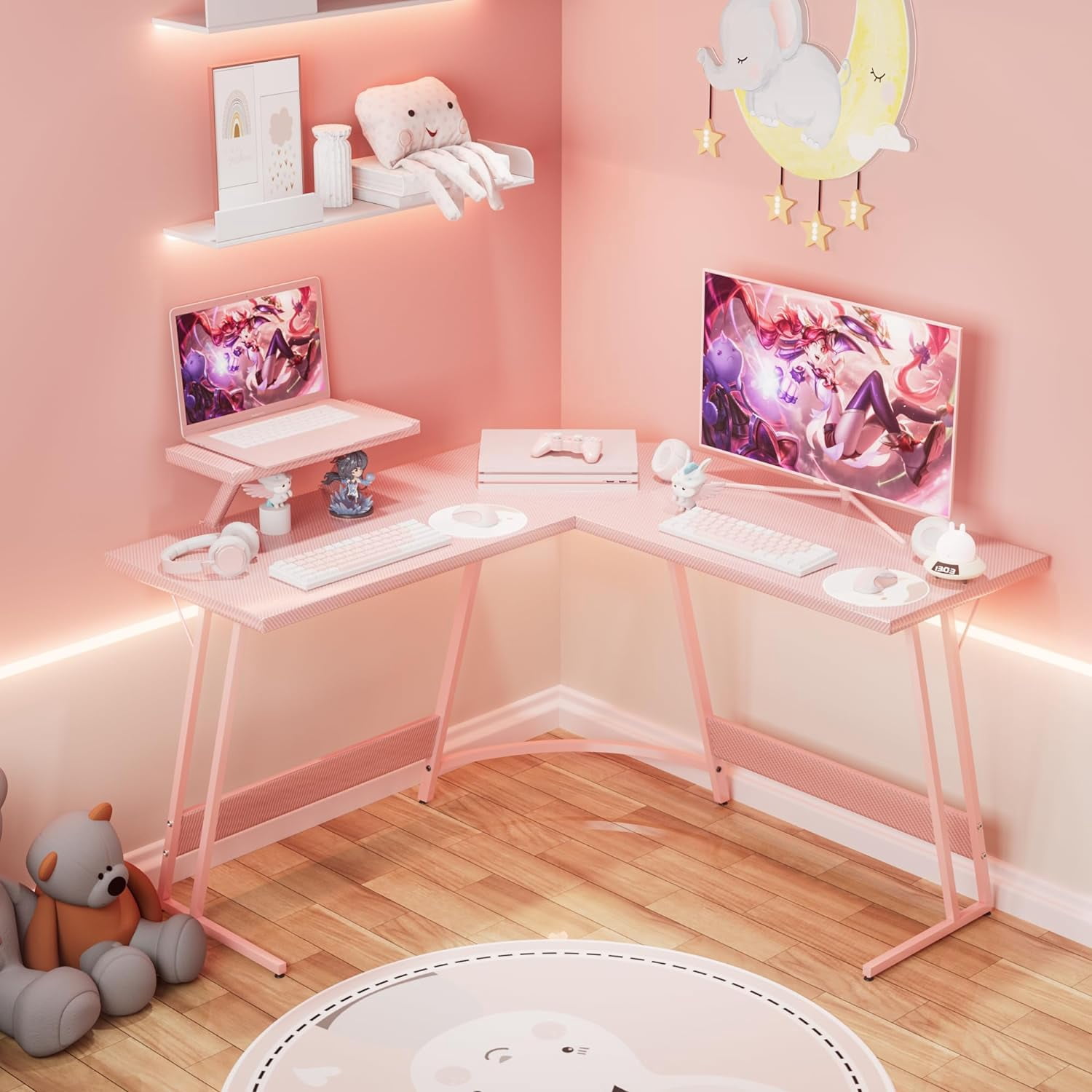 Pink L Shaped Gaming Desk Computer Corner PC Desk Table with Large Monitor Stand for Home Office Studying Writing Workstation, Gift for Girls and Women (Pink, 47 Inch)