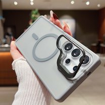 Design for Samsung Galaxy S24 FE Magnetic Case,With Contractible Metal Camera Ring Stand,Shockproof Heavy Duty Translucent Skinfeel Ultra Slim Phone Case For Samsung Galaxy S24 FE,Gray