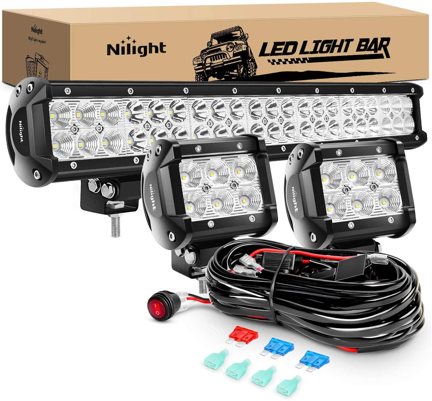 Nilight 20Inch 126W Spot Flood Combo Led Light Bar 4PCS 4Inch 18W Spot LED Pods Fog Lights for Jeep Wrangler Boat Truck Tractor Trailer Off-Road,2 years Warranty 