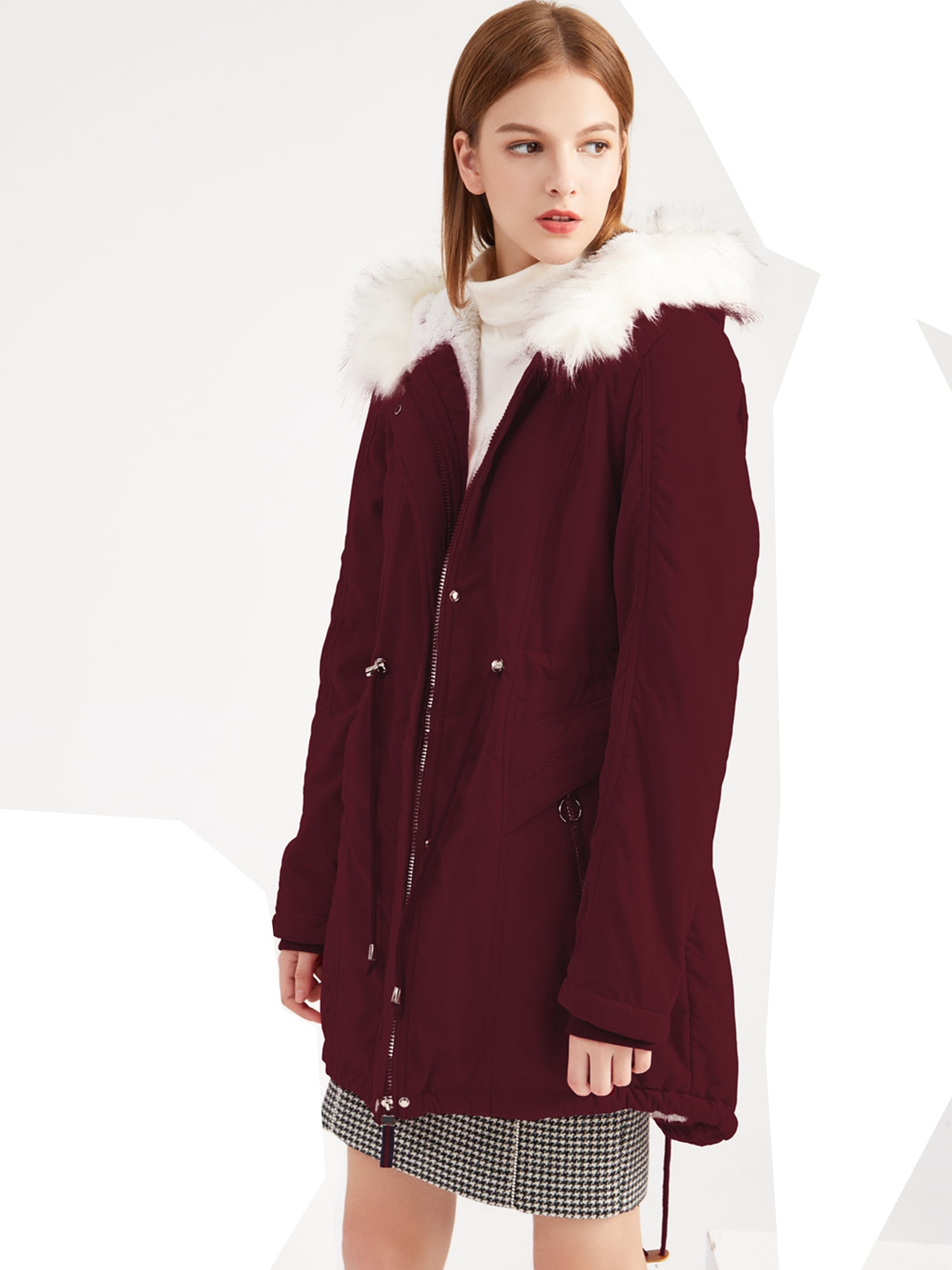 Womens Long Coats With Faux Fur Trim Hood Fashion Plaid Printed Button Down Irregular Hem Warm Outwear 
