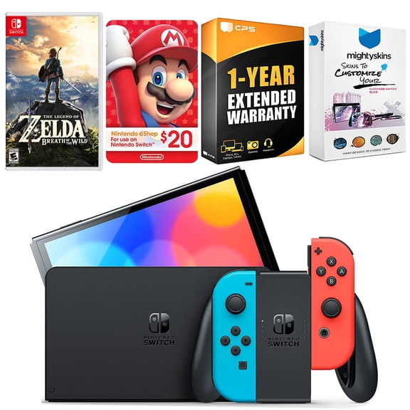 Nintendo Switch Neon Red & Blue OLED Console with Legend of Zelda Breath of the Wild, Nintendo $20 eShop Gift Card, MightySkins Console and Controller Skin Voucher and 1 Year CPS Extended Warranty