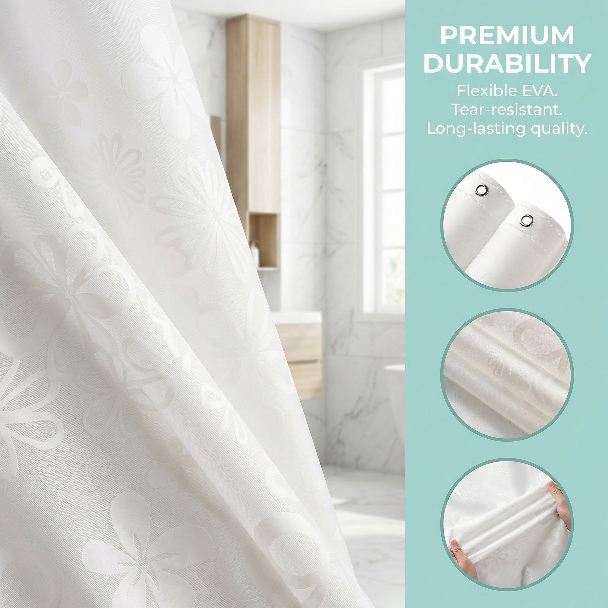 Unique Bargains Clear Shower Curtain Sets with 12 Hooks White Floral 71"W x 71"L