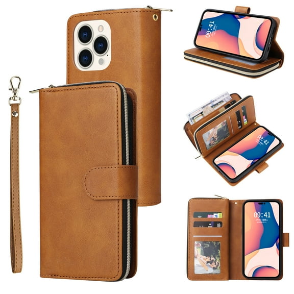 Feishell for Apple iPhone 14 Pro (6.1 inch) Wallet Case for Women Men,Premium PU Leather Magnetic Clasp Zipper 9 Card Slots Folio Flip Holder Shockproof Purse Phone Case with Wrist Strap,Brown