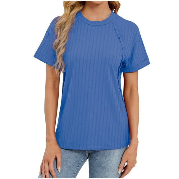 JGGSPWM Women's Casual Short Sleeve Ribbed Knit Crew Neck Soft Splicing T-Shirt Tops Blue L