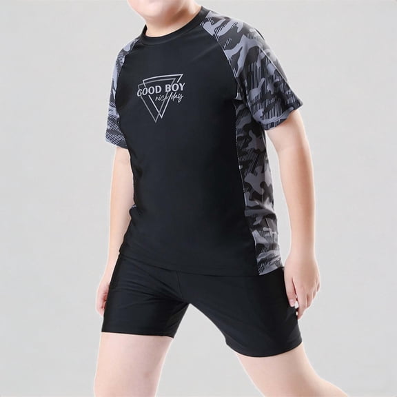 REDARER Boys' Plus-Size 2-Piece Swim Set – Graphic Rash Guard Camo-Accent Trunks, Comfortable Pool & Hot Springs Swimwear,190