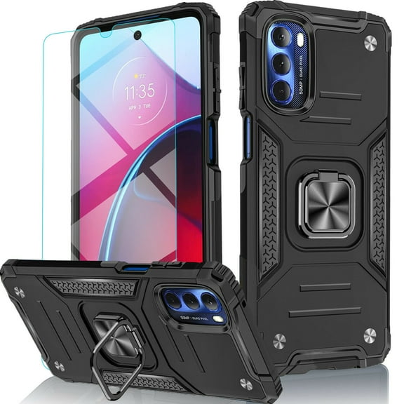 Circlemalls for Galaxy A04S, Tempered Glass Screen Protector, Ring Stand Shockproof Cover-Black