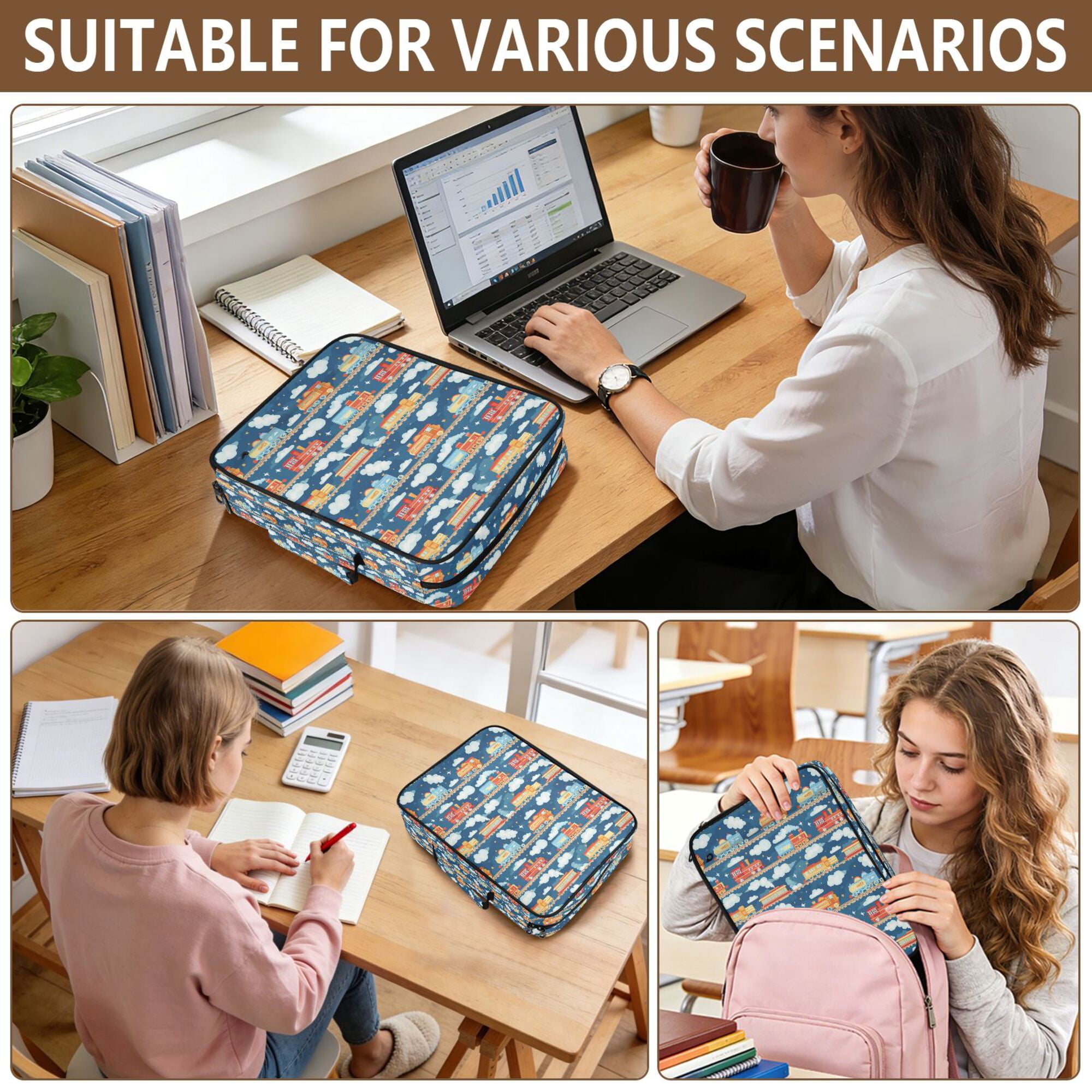 FORMRS Accordion File Folder A4 Size 7-Pocket Expanding Document Organizer Bag with 3 Ring Binder, Blue Cute Train Pattern